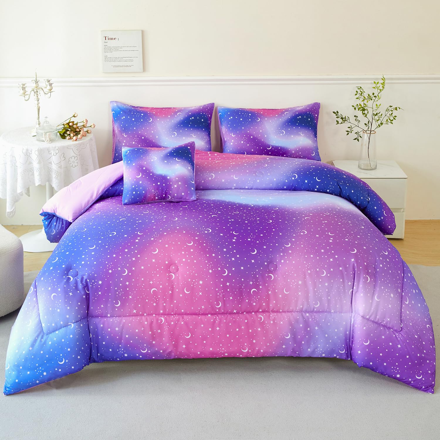 Urbonur 6Pcs Glitter Comforter Set For Girls Twin Size Colorful Gradient Galaxy Bedding Set Kids Teen Comforter Sets Bed In A Ba